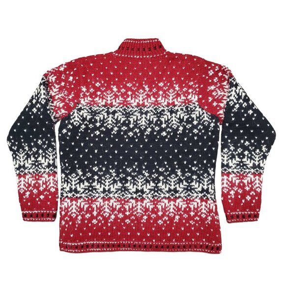 Vintage Lauren Ralph Lauren Hand Knit Wool Red Snowflake Quarter Zip Sweater - M - Picture 2 of 8